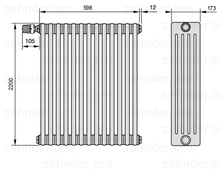 Схема (чертеж) Радиатор Zehnder Charleston 5220/13 №V012 Белый глянцевый RAL 9016